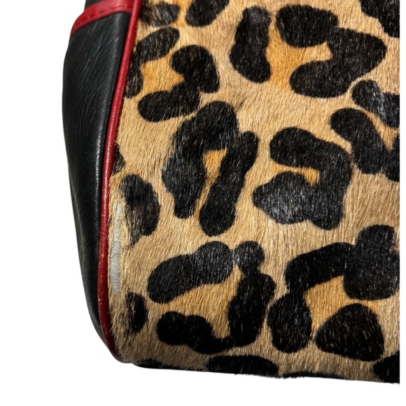Aqua Madonna Leopard Calf Hair Large Leather Shoulder Bag Red Tassel Zip Satchel - Picture 11 of 15